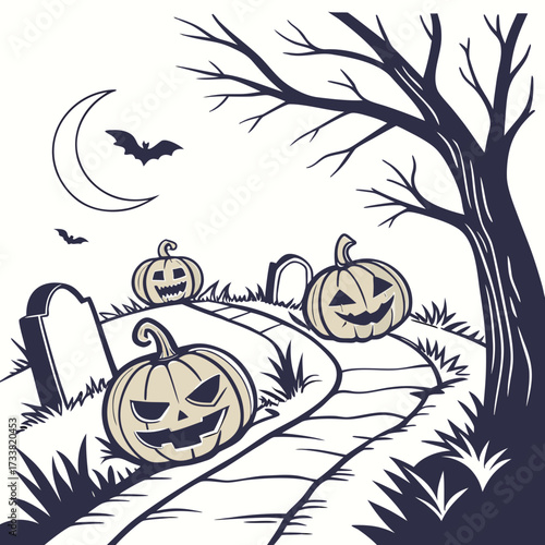 Halloween graveyard pathway with jack o lanterns and bats 1