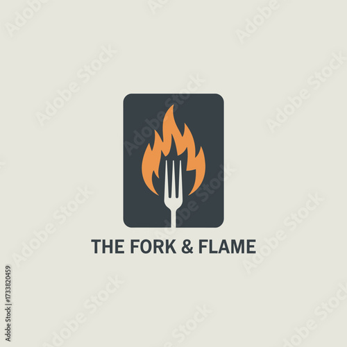 fork and flame symbol, modern grill cuisine badge, culinary fire passion, barbecue kitchen branding, strong minimal vector graphic