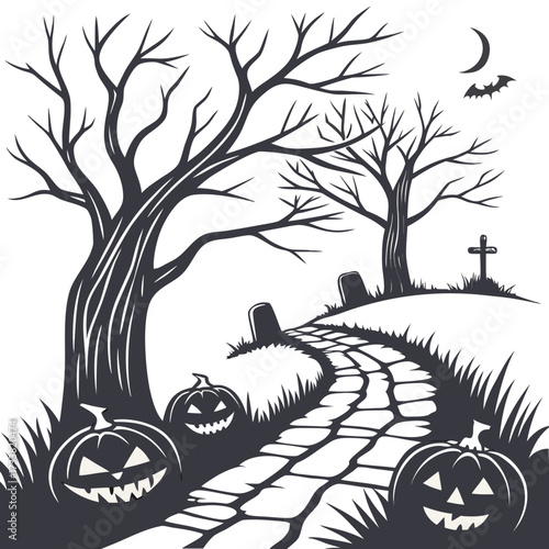 Halloween graveyard pathway with pumpkins and bat jack o lantern