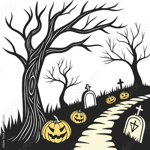 Halloween graveyard pathway with jack o lanterns and bare trees