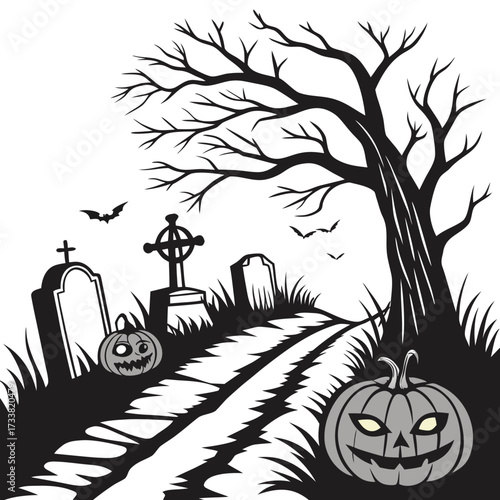 Halloween graveyard pathway with jack o lanterns and bats