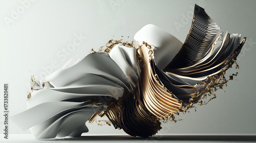 Twisted metallic abstractions with sharp edges in gray, black, and gold tones. Sculptural 3D forms on a light gray background. Futuristic, chaotic, and elegant digital metal compositions.