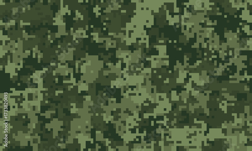 Abstract digital camouflage pattern.  Versatile green pixelated texture ideal for backgrounds, textiles, or militarythemed designs.  Concealment and protection concept.  Modern, geometric style.
