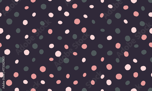 Charming abstract seamless pattern featuring scattered pastel circles on a dark background.  Perfect for textile design, wallpaper, website backgrounds, and playful branding.
