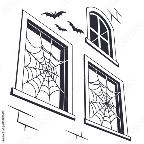Haunted house windows with spiderwebs and bats Halloween
