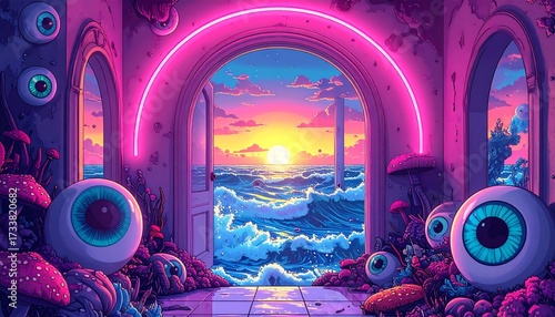 Psychedelic archway to sunset sea