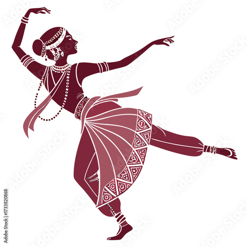 Indian dancer silhouette in maroon and pink tones traditional dance