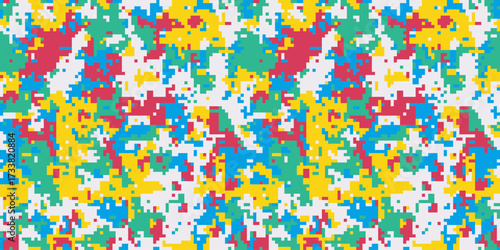 Vibrant pixelated camouflage pattern.  Ideal for textile design, digital art, and playful backgrounds.  The bold colors and pixel art style create a modern, energetic vibe.