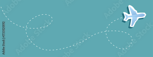 Airplane with dotted path. Cutout style. Travel concept background. copy space.