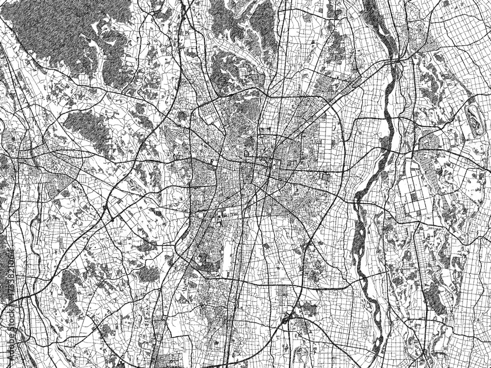 Fototapeta premium Black and white illustrated map of Utsunomiya, Japan, with streets, rivers, and neighborhoods.