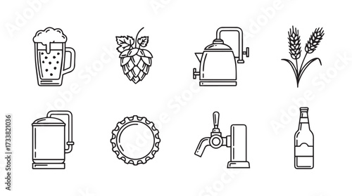 Collection of vintage beer making elements and brewery equipment line art icons vector