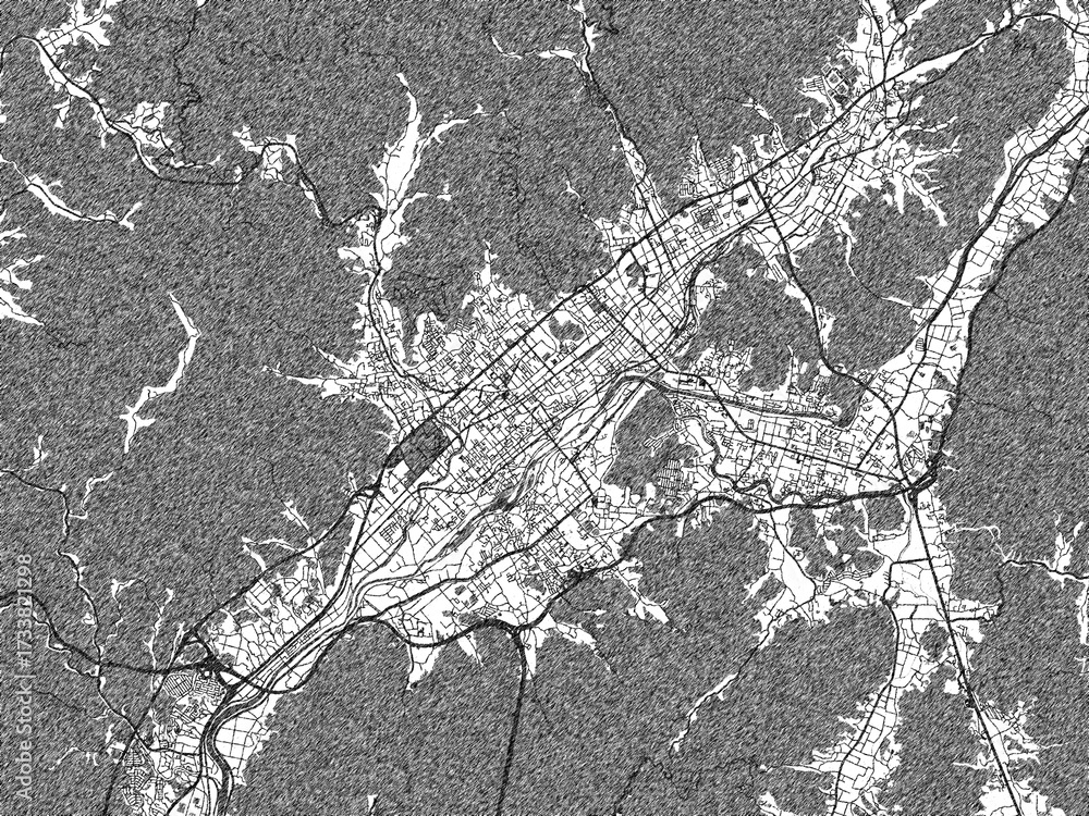 Fototapeta premium Minimalist monochrome city map of Yamaguchi, Japan, illustrated with urban detail.