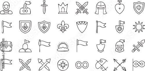 Medieval swords and shields vector icons with castles and flags