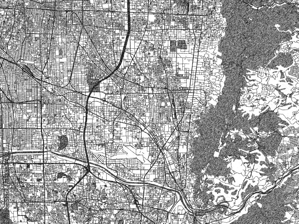 Naklejka premium Artistic monochrome city map of Yao, Japan, created in a hand-drawn style.