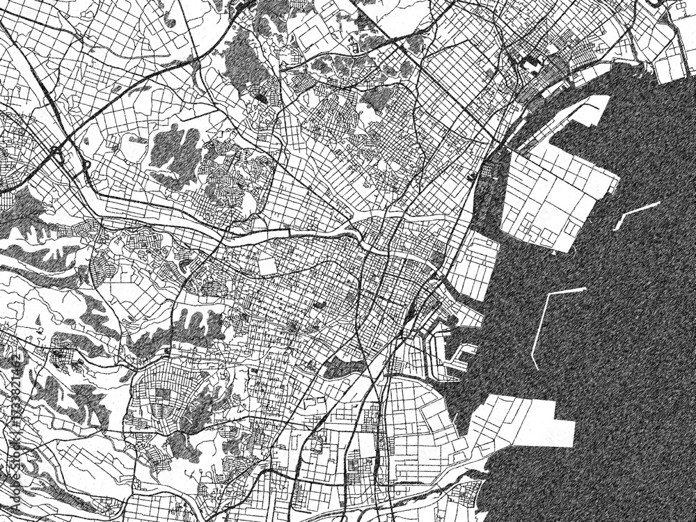 Naklejka premium Artistic urban sketch of Yokkaichi, Japan, detailed in black and white map form.