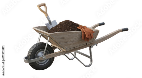 Wheelbarrow filled with soil, shovel and gardening glove isolated PNG with Transparent Background