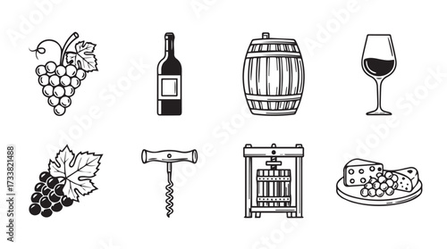 Collection of hand-drawn wine icons featuring grapes cheese barrel bottle glass and corkscrew vector