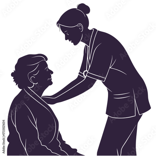 Nurse silhouette helping elderly patient with care