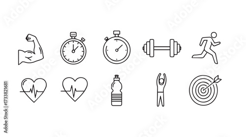 Fitness and health icons set showing exercise equipment and healthy lifestyle elements vector