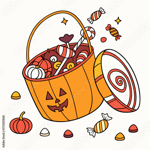 Orange Jack o Lantern candy bucket overflowing with Halloween treats