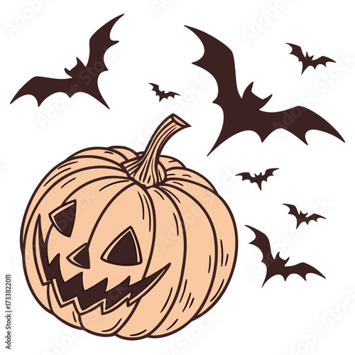 Orange pumpkin with dark brown bats flying around Halloween