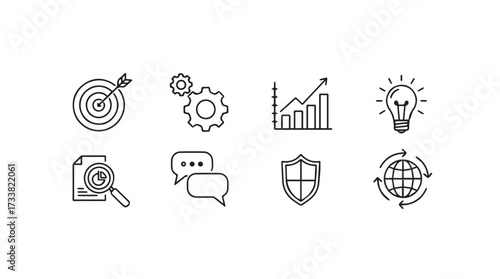 Hand drawn business icons representing strategy growth communication security and innovation concepts vector