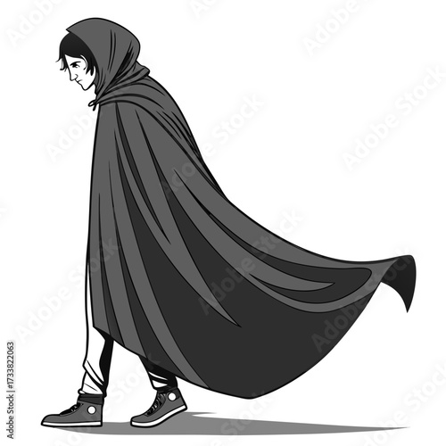Person in dark hooded cloak walking vector