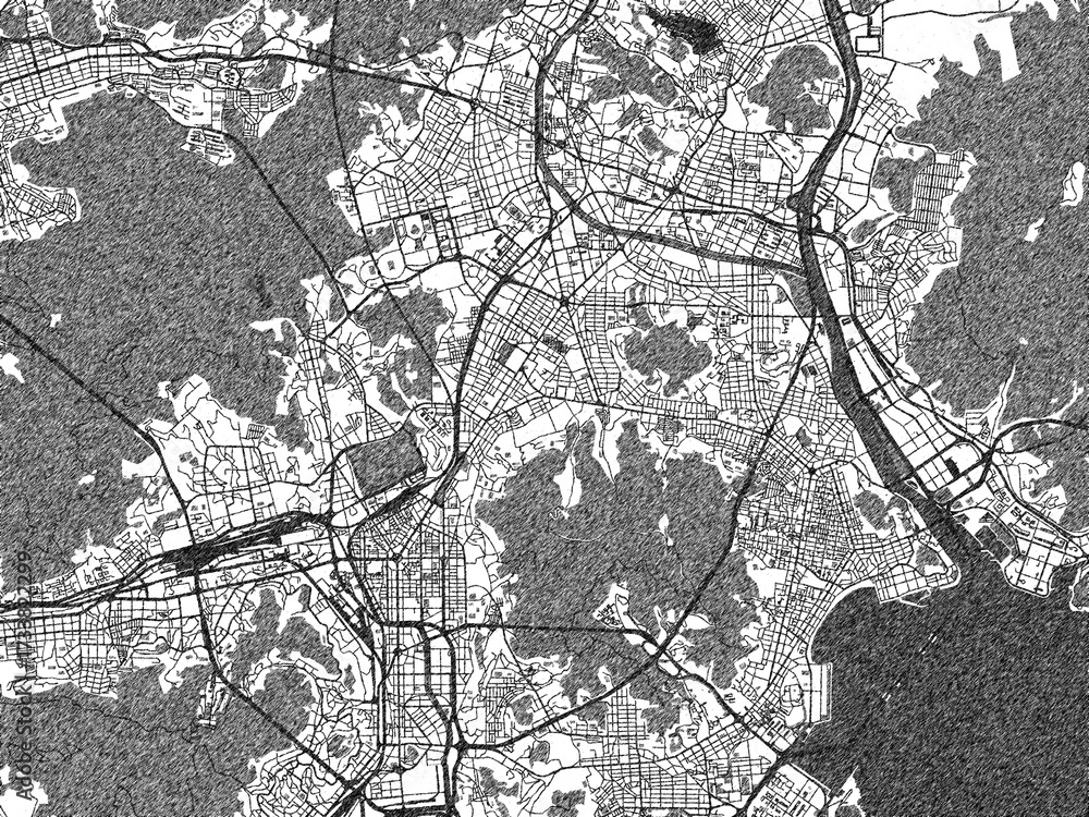 Fototapeta premium Hand-drawn style black and white city map of Busan, Republic of Korea, with detailed streets and textures.