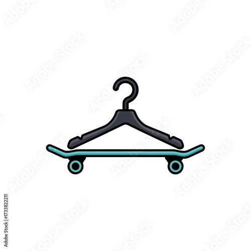Skateboard hanger logo, clothing hanger on deck, streetwear storage concept, urban skate shop branding, minimalist vector design