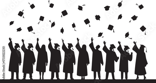 Graduation ceremony vector illustration with students tossing caps in the air