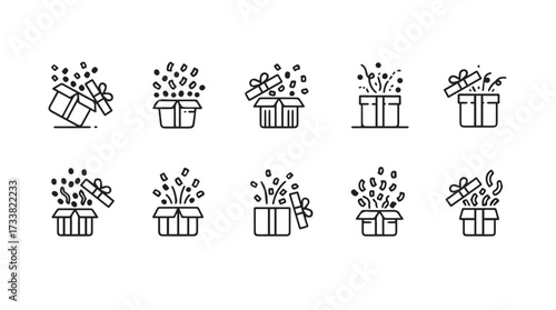 Set of ten hand-drawn gift box icons with confetti bursting outward decorative elements vector