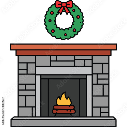 A christmas wreath hanging above a stone fireplace with a burning log inside the hearth illustration silhouette