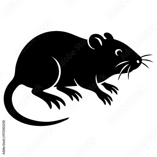 Silhouette illustration of a rat in black, showing its long tail, small ears, and whiskers. Perfect for use in educational materials, pest control icons, biology and zoology projects, logos, stickers.