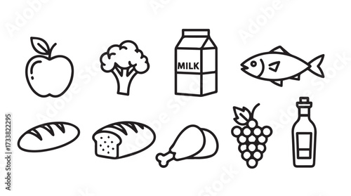 Hand drawn line art icons of healthy food items and grocery products vector