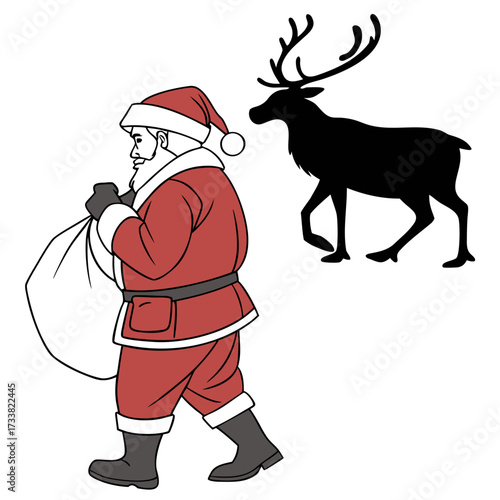 Santa Claus with Reindeer Silhouette on White Background 1