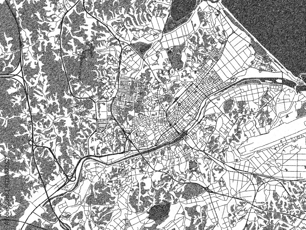 Fototapeta premium Minimal poster-style map of Gangneung, Republic of Korea, hand-drawn style in monochrome.