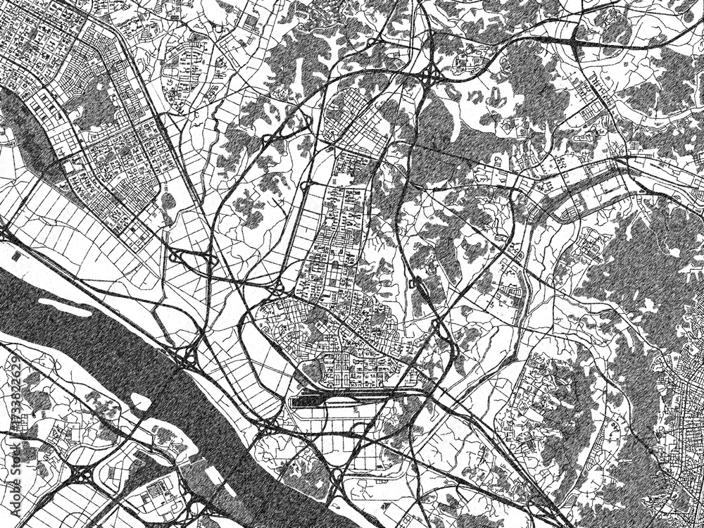 Naklejka premium City map illustration of Goyang-si, Republic of Korea, rendered in black and white sketch style.