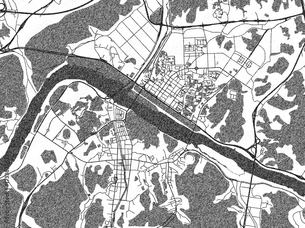 Fototapeta premium Stylized decorative city map of Gongju, Republic of Korea, hand-drawn in black and white.