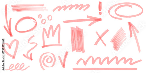 Highlight marker element set. Color marker and brush stroke with highlight underline, arrow and round circle. Hand drawn scribbles for text emphasis or correction marks. Doodle underlining vector