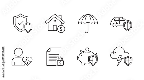 Collection of hand drawn insurance icons representing protection security and financial safety vector