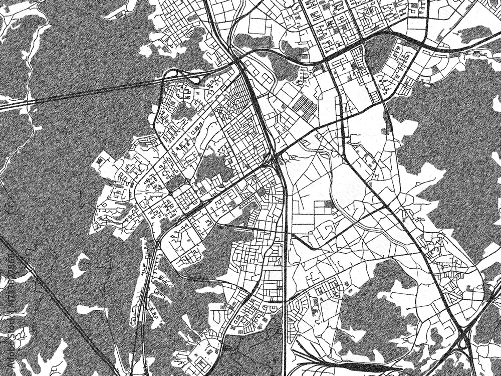 Fototapeta premium Black and white illustrated map of Gunpo, Republic of Korea, with streets, rivers, and neighborhoods.