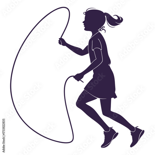 Silhouette of a girl jumping rope on white background