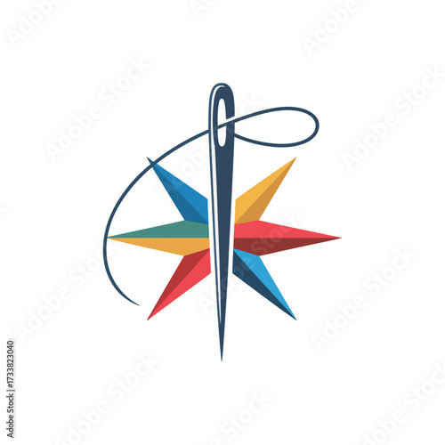colorful star with needle, sewing craft symbol, fashion design studio mark, modern embroidery badge, bright minimal vector