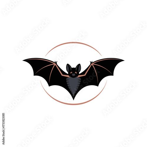 flying bat silhouette emblem, circular halo frame, gothic night mascot, dark fantasy branding element, spooky modern vector