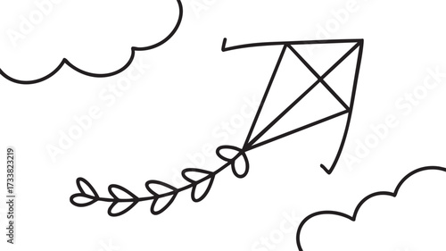 Paper kite flying outline vector drawing for cultural festival celebration