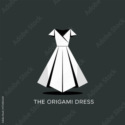 origami paper dress design, geometric pleated folds, couture studio identity, trendy boutique badge, monochrome fashion logo vector