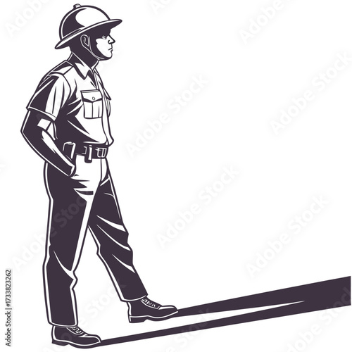 Silhouette of a police officer in uniform walking helmet