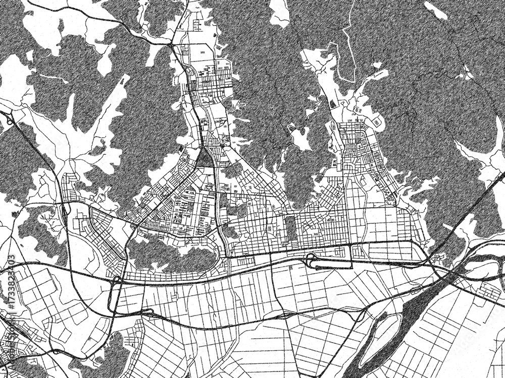 Fototapeta premium Poster-ready black and white illustration map of Kimhae, Republic of Korea, detailed and artistic.