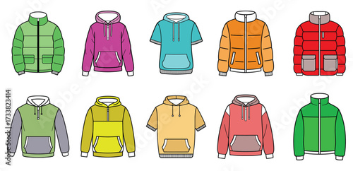 Colorful Winter Jackets and Hoodies Vector Collection, Winter Jackets Collection, Colorful Hoodie Set, Puffer Coat Vector, Fashion Outerwear Design, Casual Sweatshirt Bundle
