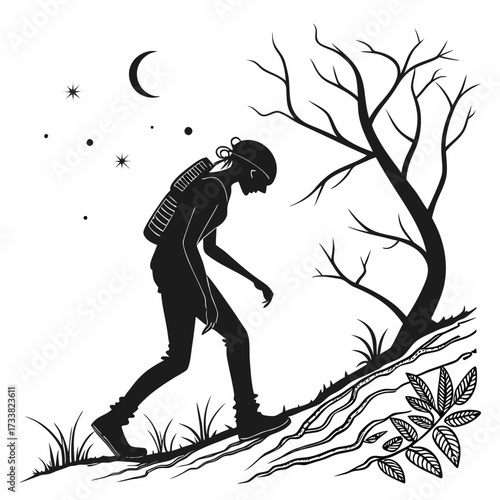 Silhouette of person hiking at night with moon and stars